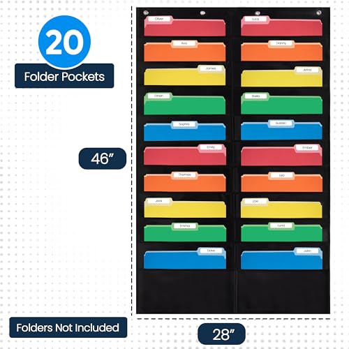 Essex Wares - 20 Pocket File Folder Pocket Chart, Black, 28" W x 46" T | Versatile Wall Hanging File Folder Organizer for Classrooms, Offices, Home, and More - Wall Folder Organizer - size: 20 Pocket