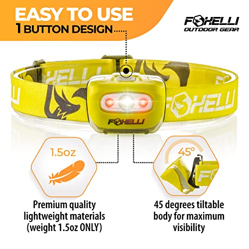 Foxelli LED Headlamp Flashlight for Adults & Kids, Running, Camping, Hiking Head Lamp with White & Red Light, Comfortable Headband, Lightweight & Waterproof, 3 AAA Batteries - color: Neon Yellow