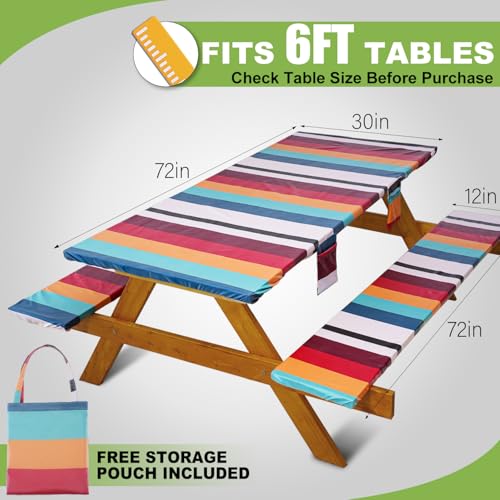 Fitted Picnic Table Cover with Bench Covers Waterproof Elastic Edges Rectangle Patio Tablecloth Outdoor Camping Essentials Stuff Rv Accessories Summer Trip Travel Supplies Party Camper Gifts, 6 ft - color: Red Green Lines, size: 72in