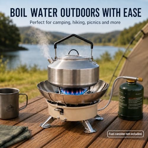 Butane Camping Stove, Portable Windproof Camping Gas Stove with Built-in Windshield, Piezo Ignition, Propane Canister Adapter, Foldable Burner for Backpacking Hiking Outdoor Cooking