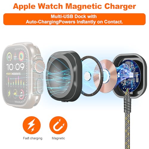 3 in 1 Multi Charging Cable for Apple Watch Charger Fast Charging Cable 6FT | Travel Charging Cords for Multiple Devices with iwatch USB-C Lightining Braided for iWatch Ultra/SE/11-2 iPhone17-5 Kindle - color: GreyGold-6ft