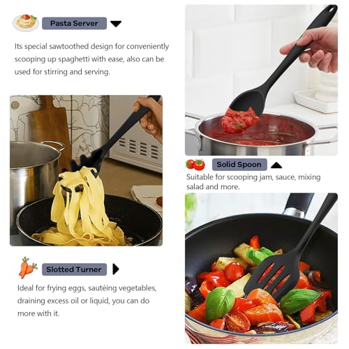 TeamFar Silicone Cooking Utensils, 10 pcs Kitchen Cooking Utensils Set | Heat Resistant Kitchen Gadgets Tools Set w/Spatula, Turners, Spoons, Soup Ladle, Pasta Server for Nonstick Cookware, Black - color: Black