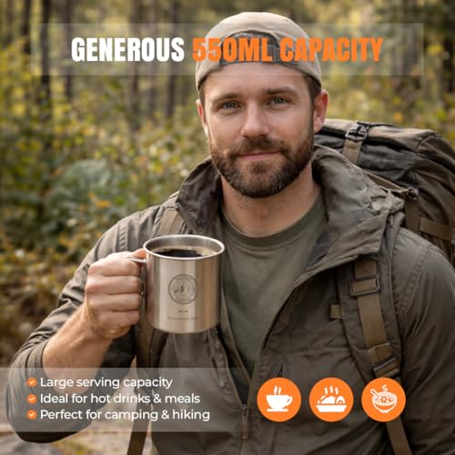 Tactiko 304 Stainless Steel Camping Mugs with Carabiners | Heavy-Duty | Large Metal Coffee Cup or Solo Cook Pot w/ Folding Handle | Backpacking Gear for Hiking, Overlanding & Survival | 18 oz/550ml