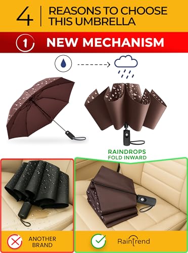 Raintrend Windproof Travel Umbrellas for Rain Automatic +10% Bigger Canopy Strong Frame Compact Folding Portable Umbrella for Women Men Backpack Purse - color: T1 Brown