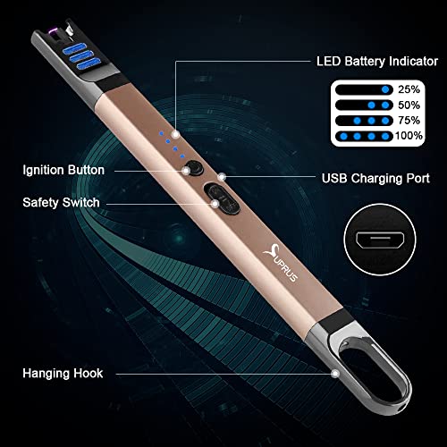 SUPRUS Candle Electric Arc Lighter Windproof Flameless USB Rechargeable Lighter with LED Light for Candle Camping BBQ Cooking (Champagne Gold) - color: Champagne Gold