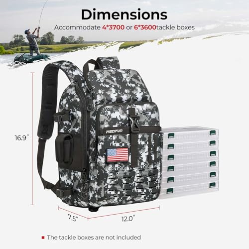 Piscifun Fishing Tackle Backpack, Rod & Gear Holder, Water-Resistant | 20L storage, breathable padding & adjustable shoulder straps, MOLLE panel, Digital Camouflage - color: Digital Camouflage, size: Large