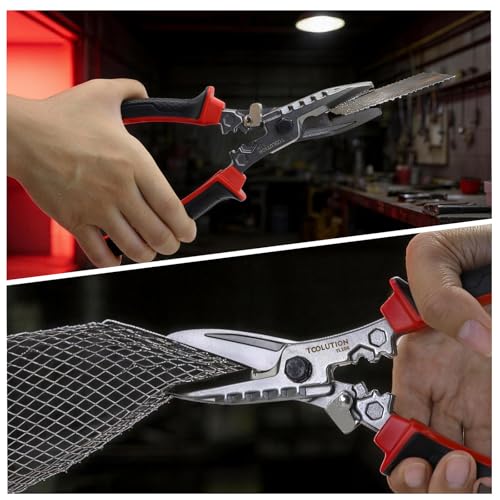Electrician Utility Scissors Metal Cutting Tool Tin Snips | Heavy Duty with Cable Cutter, Crimping Tool & Hex Wrench Safety Lock for Sheet Metal, Hardware Cloth, Carpet, Cardboard
