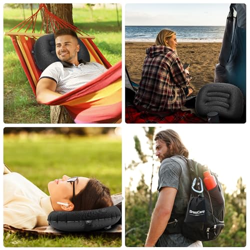 Inflatable Camping Pillow, Travel Blow Up Air Pillow, Neck Lumbar Support Ultralight Compact Pillow for Outdoor Hiking Backpacking Car Beach Airplane Sleeping Essentials, Black - color: Black
