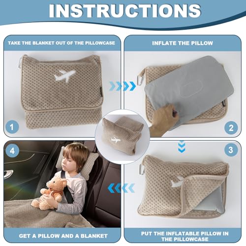 Travel Blanket Airplane Compact with Bag, Travel Essentials 3 in 1 Packable Airplane Blanket, Travel Pillow and Blanket Set, Inflatable Pillow, Luggage Sleeve & Backpack Clip (Camel) - color: Camel