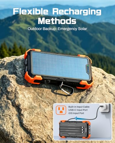 GOODaaa Solar Power Bank 24000mAh, Portable Charger with 4 Built-in Cables, Fast Charging 5 Outputs 2 Inputs Battery Pack, Thermometer & SOS Flashlight for iPhone 17/16, Samsung, All Cell Phones - color: Orange