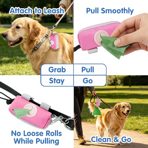Dog Poop Bag Holder for Leash, Large-Capacity Canvas Pouch, Pink | Holds one bag roll, keys, treats, and small essentials with quick access, secure straps, and water-resistant canvas - color: Pink