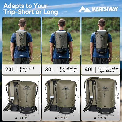 MARCHWAY Floating Roll Top Dry Bag, Flexible Lightweight TPU-coated Nylon Waterproof Backpack 20L/30L/40L with Padded Straps for Boating, Kayaking, Swimming, Hiking, Beach (Green, 20L) - color: Green, size: 20L