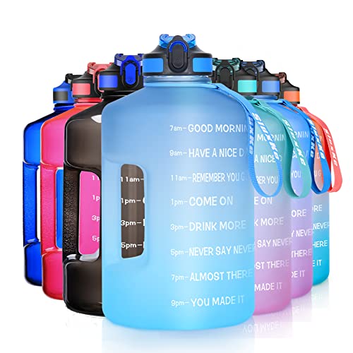 SLUXKE 1 Gallon Motivational Sports Water Bottle with Time Marker, BPA Free 128oz Leak Proof Jug, Black, Plastic, 128 ounces, Fitness, Sports, Outdoor Activities - color: Blue Blue