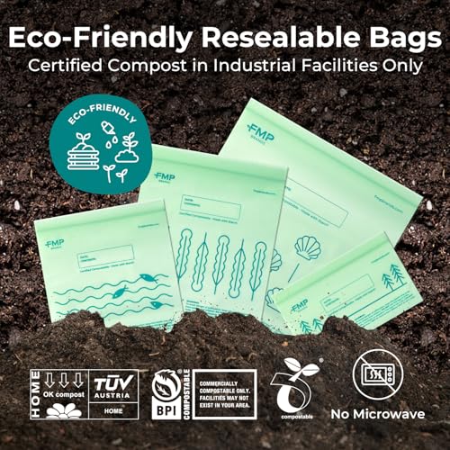 Fit Meal Prep 50 Pack 100% Compostable Snack Bags, 6.5 x 4.1" Resealable Food Storage Bags Snack Size, Plant-Based Freezer Bags for Food, ASTM D6400, US BPI & EU OK Compost Certified - style: Snack
