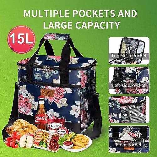 iknoe 24 Can Insulated Cooler Bag, 15L Leakproof Lunch Tote Bag - color: Flower, size: Large