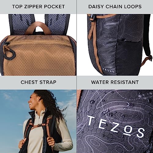 Tezos Juniper Daypack, Lightweight Hiking Backpack and Hydration Pack for Camping, Travel, Biking, and the Outdoors, 16 Liter (Black Topo) - color: Black Topo