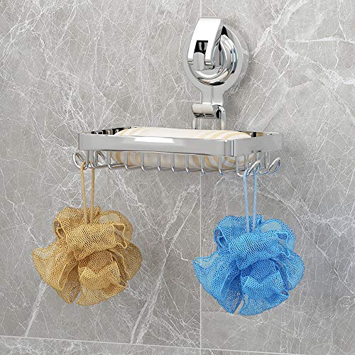 Soap Holder Shower, Suction Cup Soap Dish for Shower with 4 Hooks, 304 Stainless Steel, Silver - color: Silver