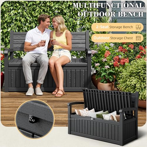 80 Gallon Deck Box Outdoor Storage Box Waterproof, Outdoor Storage Bench Doubles as 2-Person Seat, Resin Stripes Outdoor Bench for Cushions, Garden Tools and Pool Supplies Black - color: Matte Black
