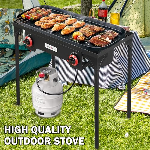 VIVICREATE Propane Grill 2 Burner Outdoor Propane Stove Portable Gas Grill High Pressure Camping Stove Double Burner Cooker for Camping Backyard BBQ Outdoor Cooking - size: double burner stove