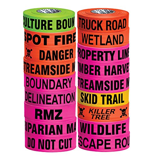NO Adhesive, Presco PresGlo Printed Roll Flagging Tape, 1-1/2 in. x 50 yds. (Neon Pink/Black Escape Route)