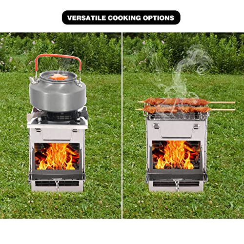 Portable Folding Camping Wood Stove for Outdoor Cooking, Sturdy Lightweight 304 Stainless Steel Wood Burning Camp Stove with Grill for Backpacking BBQ Small/Large (Small Grid and Pot Stand) - size: Small with Grid and Pot Stand