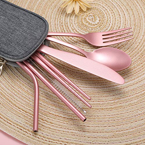 Portable Stainless Steel Flatware Set, Travel Camping Cutlery Set, Portable Utensil Travel Silverware Dinnerware Set with a Waterproof Case (Pink) - color: Pink