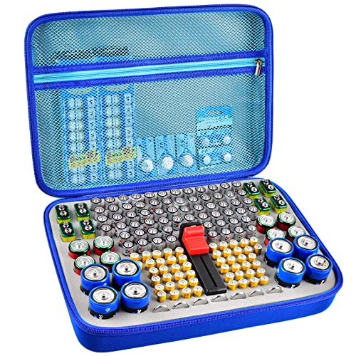 GWCASE 150+ Battery Organizer with Tester for Homeowners, Emergency Backup | Holds AA, AAA, 9V, C, D Coin Batteries in Separate Slots, Keep Neat, Easy to Find, Hard Shell Protection, Zipper Carry Design - color: Light Blue