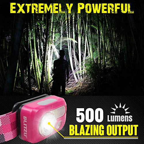 BLITZU Adjustable, Durable, Rechargeable Flashlight, Pink, Battery Powered | Hands-Free, Adjustable Headband, Lightweight, 6 Modes with red light for Outdoor, Camping, Running, Fishing, Fast Charging - color: Pink