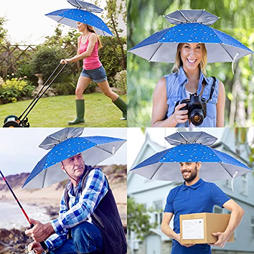 Umbrella Hat, 37 inch Fishing Umbrella Hat Hands Free Foldable UV Protection Umbrella Cap Adjustable Headwear for Fishing Golf Camping Beach Gardening Sunshade Outdoor - color: Water Drop Blue/Double Layer
