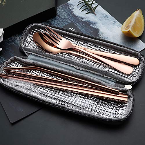 Portable Stainless Steel Flatware Set, Travel Camping Cutlery Set, Portable Utensil Travel Silverware Dinnerware Set with a Waterproof Case (Rose God) - color: Rose Gold