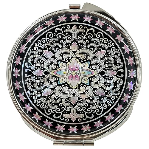 Portable Makeup Compact Double Magnifying Mirror Cosmestic Foldable Pocket Style Unique Mother of Pearl Design (Arabesque) - color: Arabesque