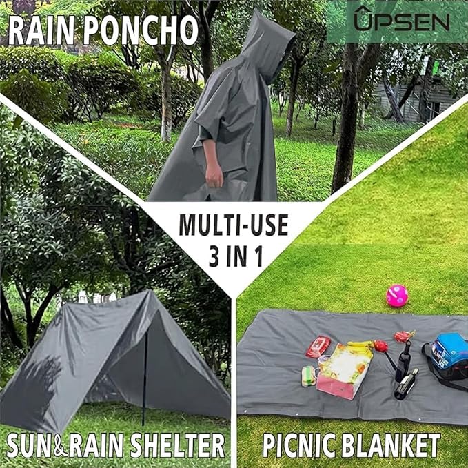 UPSEN Rain Ponchos for Adults, 2 Pcs Reusable Raincoats Coats Jackets Emergency for Women Men with Hood - color: 1 Grey+1 Green