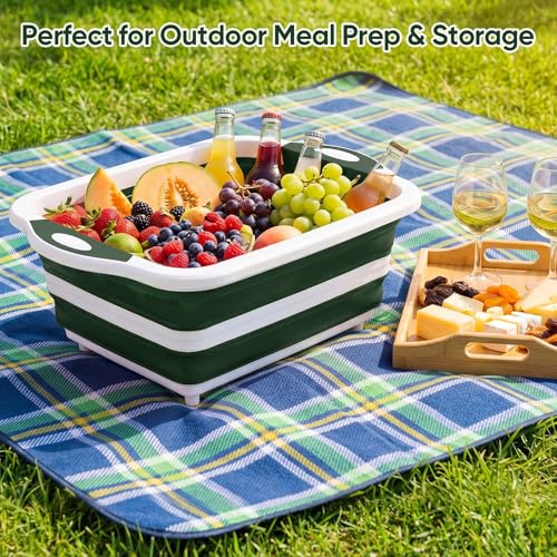 Collapsible BBQ Prep Tub with Lid, Foldable Camping Sink with Colander, Cutting Board, Dish Basin for Kitchen, Bowl, Vegetable and Fruit, Storage Basket for Picnic-Green - color: Green