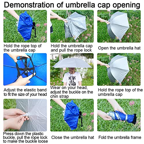 Umbrella Hat Folding Adjustable Sun Rain Cap, 37.4” UPF 50+ UV Protection Large Hands Free Umbrellas, 7-Ribs Waterproof Headwear for Fishing Gardening Golf Sunshade Outdoor - color: Blue-1