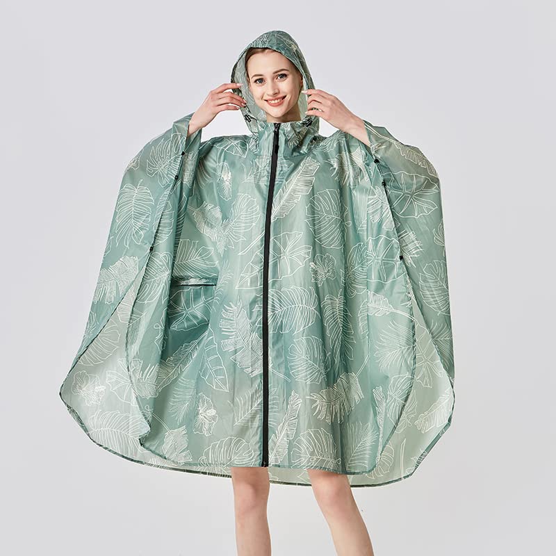 ANYOO Waterproof Rain Poncho Lightweight Reusable Hiking Hooded Coat Jacket for Outdoor Activities - color: Green Leaf