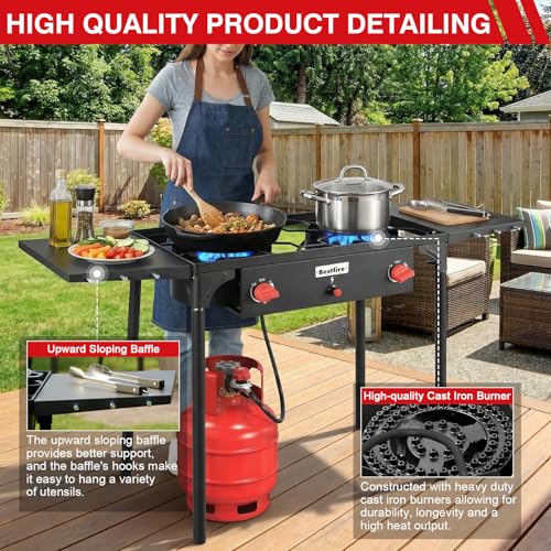Bestfire 2 burner Camping Stove with Auto Ignition Button,Side Shelves & Regulator150,000 BTU High Pressure Gas Stove Propane Burner With Removable Legs for Outdoor BBQ&Backyard Cooking Camping Home - style: 2 burner without windpanel