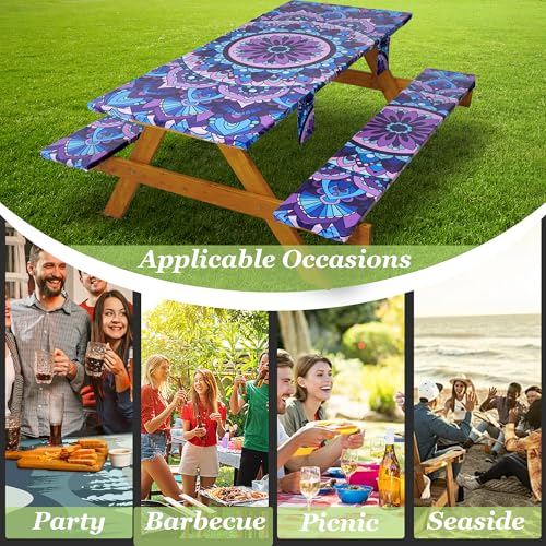 Wrakus Picnic Table Cover with Bench Covers Vinyl Elastic Edges Fitted Rectangle Tables Seat Waterproof 3-Piece 96X30in Set Outdoor Rectangular Folding Backing Tablecloth Camping Over Size Mandala - color: Purple Mandala, size: 96in