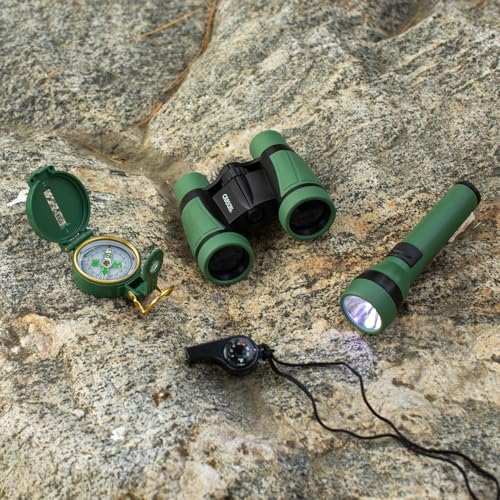 Carson AdventurePak Containing 30mm Kids Field Binoculars, Lensatic Compass, Flashlight and Signal Whistle with a Built-in Thermometer (HU-401), Multicolor - style: Binocular Kit