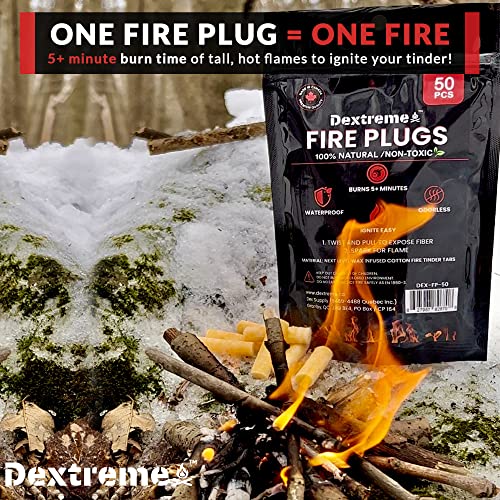 Dextreme Fire Plugs Waterproof Fire Starter for Campfires, Emergencies, Survival, Fire Pits, Grills | 5+ Minute Burn | All Natural | Made in North America - size: 50 Fire Plugs