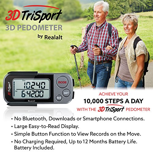 3DTriSport 3D Walking Pedometer with Clip & Strap, Accurate Step Counter with 30-Day Memory, Distance in Miles/KM Large Display Perfect for Seniors & Beginners eBook Included