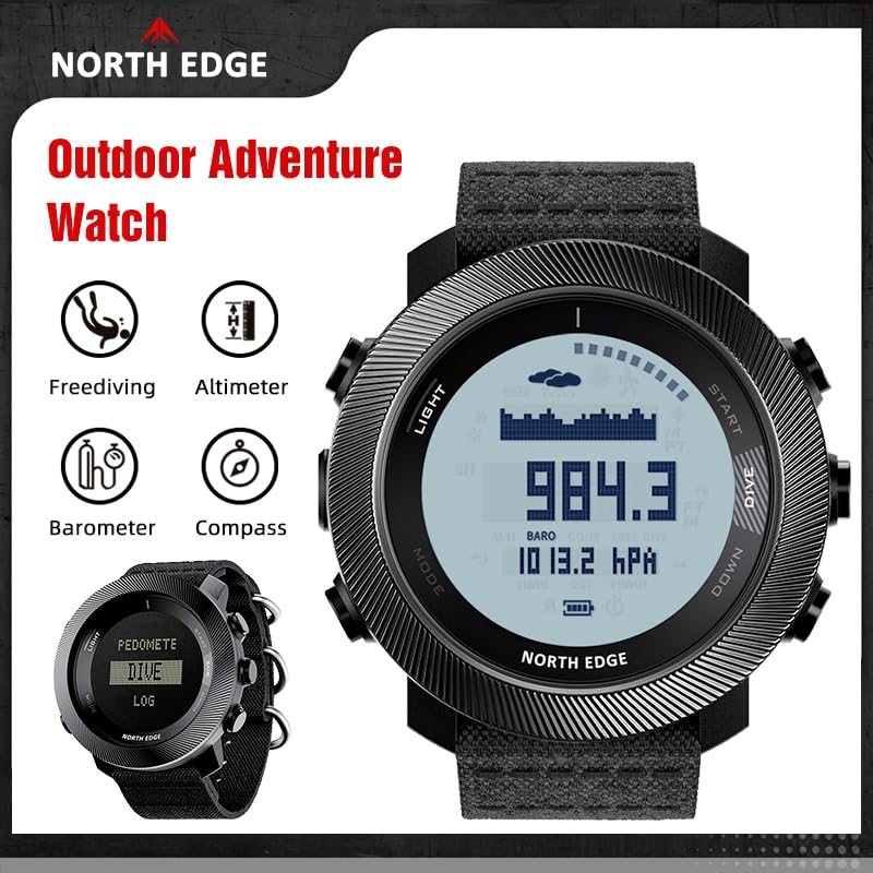 NORTH EDGE Apache-D Freediving Watch for Men, 100M Water Resistant Digital Outdoor Watch with 50M Dive Mode, Compass, Altimeter, Barometer, Thermometer, Pedometer, Rechargeable Hiking Watch - color: Black