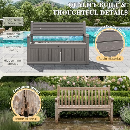 80 Gallon Outdoor Storage Bench Waterproof, Storage Outdoor Porch Bench Doubles as 2-Person Bench Seat, Resin Stripes Deck Box for Cushions, Garden Tools and Pool Supplies Grey - color: Charcoal Gray