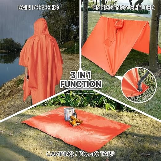 Extra Thick Waterproof Hooded Rain Poncho for Adults Lightweight Raincoat Jacket with Pocket for Hiking Camping Emergency - color: Orange