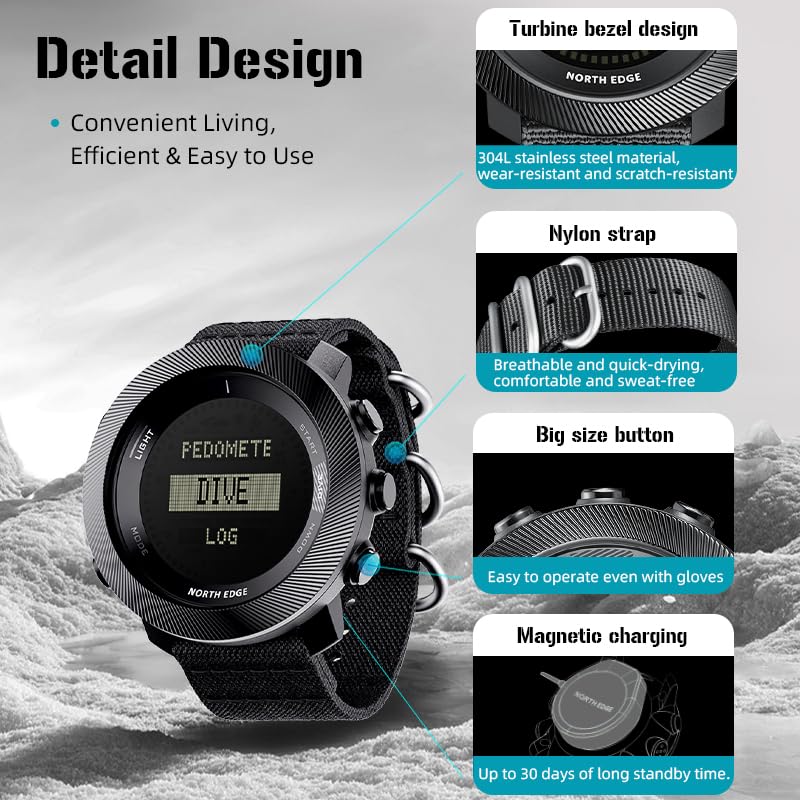NORTH EDGE Apache-D Freediving Watch for Men, 100M Water Resistant Digital Outdoor Watch with 50M Dive Mode, Compass, Altimeter, Barometer, Thermometer, Pedometer, Rechargeable Hiking Watch - color: Black