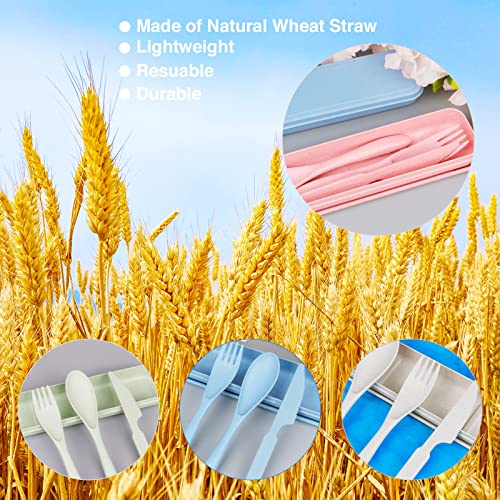Reusable Travel Utensils Set with Case, 4 Sets Wheat Straw Portable Knife Fork Spoons Tableware, Eco-Friendly BPA Free Cutlery for Kids Adults Picnic Camping Utensils(Green, Beige, Pink, Blue) - color: 4 Sets - Green, Beige, Pink, Blue