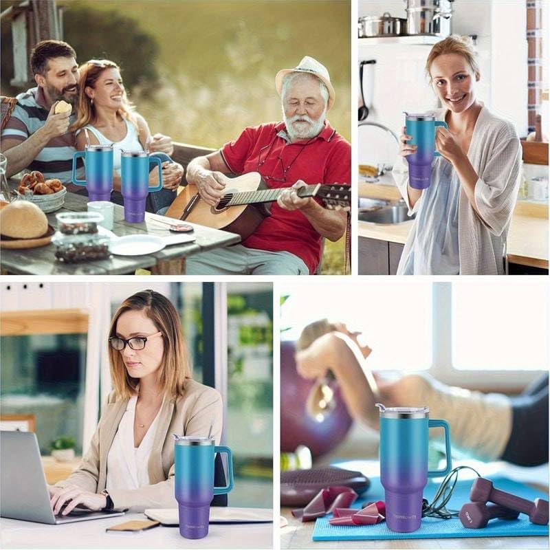 40oz Travel Tumbler with Handle and Straw, Water Bottle with Carrier Bag - color: Blue Purple