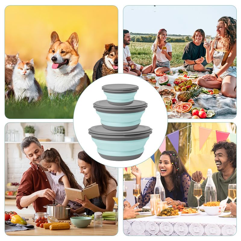 flintronic 3Pcs Collapsible Camping Bowl Sets, Portable Silicone Bowl with Lid, Folding Bowl, Portable Salad Bowl, Folding Lunch Box for Camping, Kitchen, Hiking