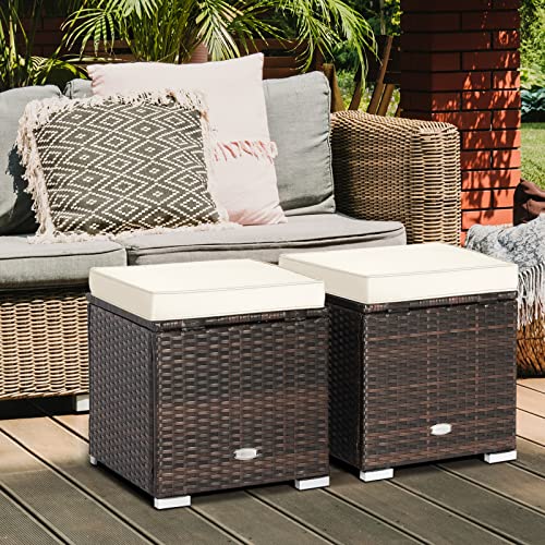 HAPPYGRILL 2 Pieces Patio Ottoman Set Outdoor Wicker Stool with Storage, Rattan Footrest Ottoman with Solid Metal Frame and Cushion for Backyard Poolside Garden Balcony - color: Off White
