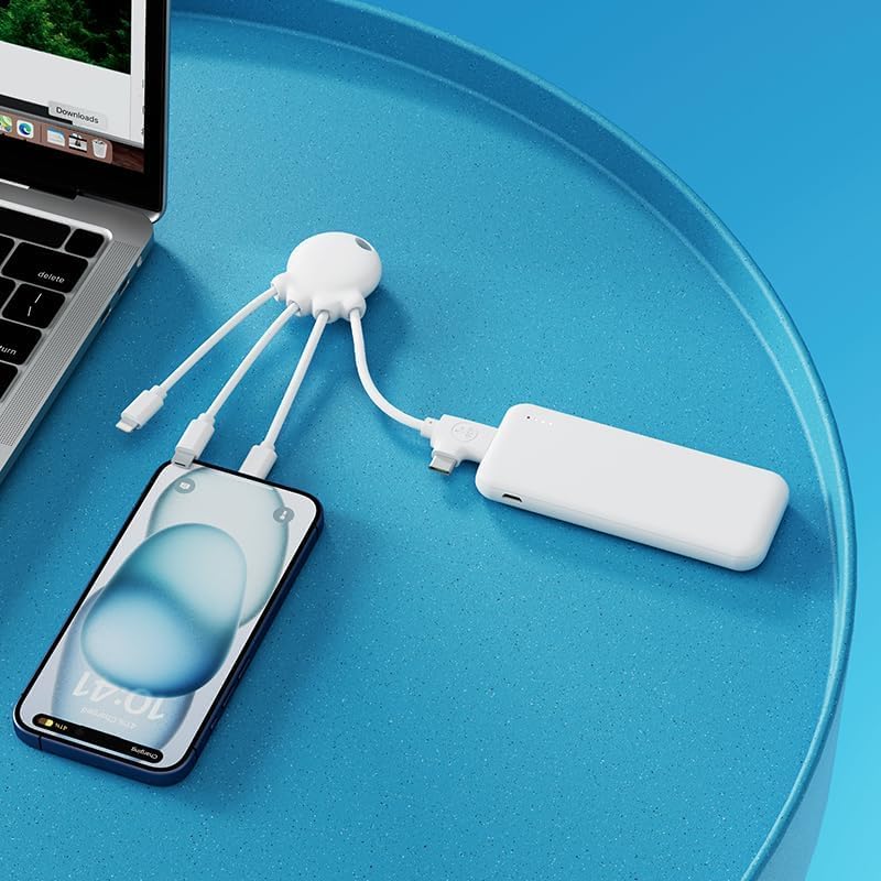 Xoopar 4-in-1 Multi USB Octopus Cable – Universal Charger with USB-C, Lightning & Micro USB – Made from Ocean Recycled Plastic – OBP White | 4-in-1 ocean recycled plastic octopus: USB, USB-C, Lightning and Micro USB for all your devices - color: white