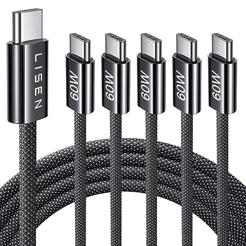 LISEN USB C Cable, 5-Pack [6.6FT] USBC to USBC Cable for iPhone 16e 15 Pro Max Charger Cord, 60W (3.1A) C to C Cable Fast Charging for Samsung S25/S24/23, Switch 2, iPad, MacBook,Black - color: Black, size: 6.6+6.6+6.6+6.6+6.6FT